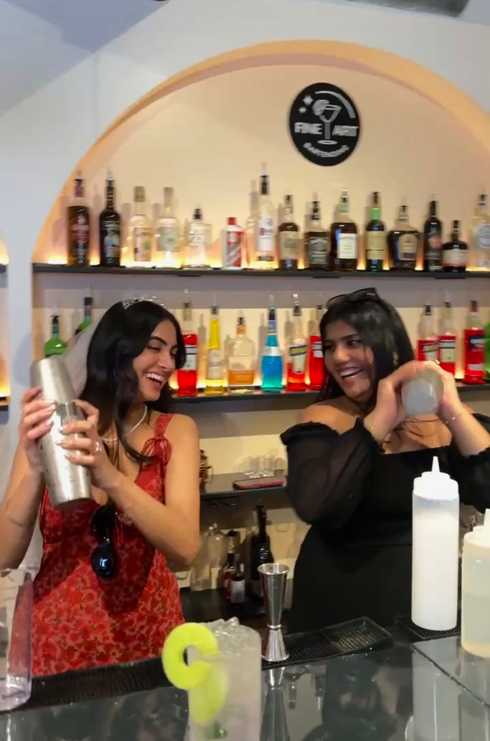 two women at a bachelorette party at fine art bartending school vancouver
